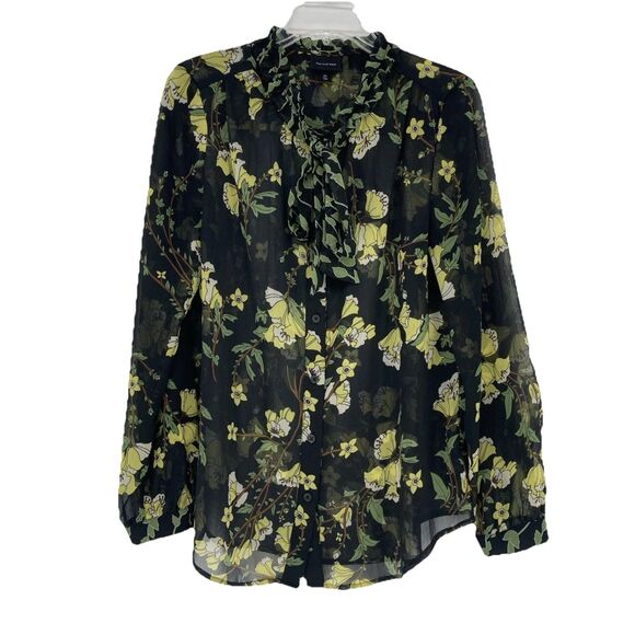 Who What Wear Floral Blouse Womens MEDIUM Sheer Chiffon Ruffle Tie Neck - Picture 1 of 12
